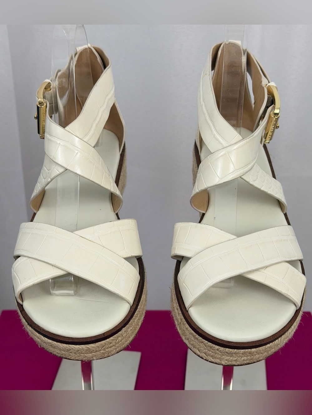 Michael Michael Kors Cream Crocodile Embossed Espadrille Platform Sandals US 8